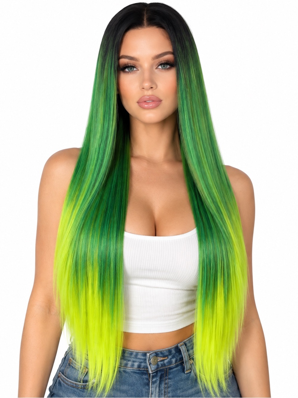 Vibrant Green Ombre Long Straight Women’s Wig middle part 26 inches long